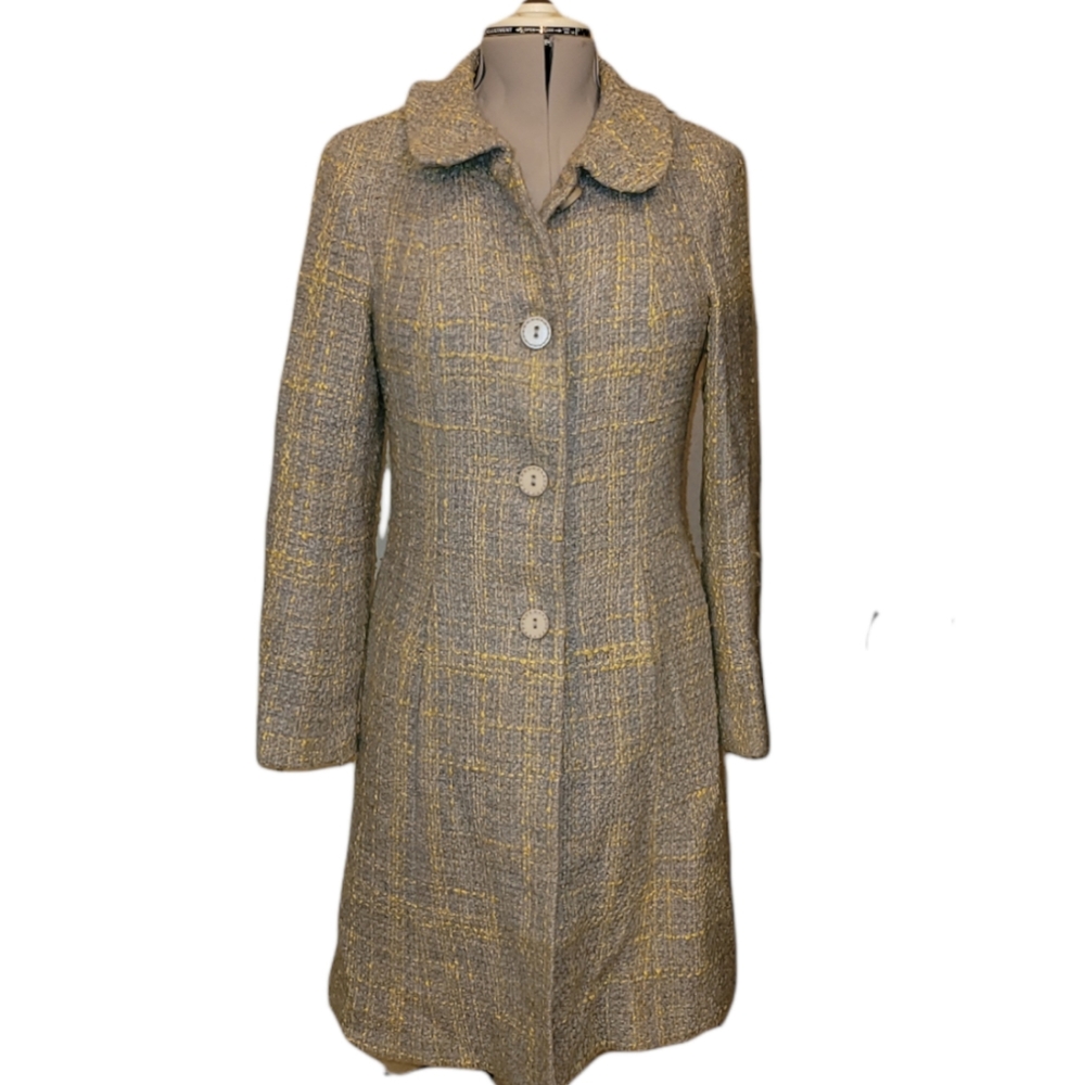 Vintage Tara Jarmon Manteau Must 475 Grey with Yellow Accent Boucle Coat Size 40
